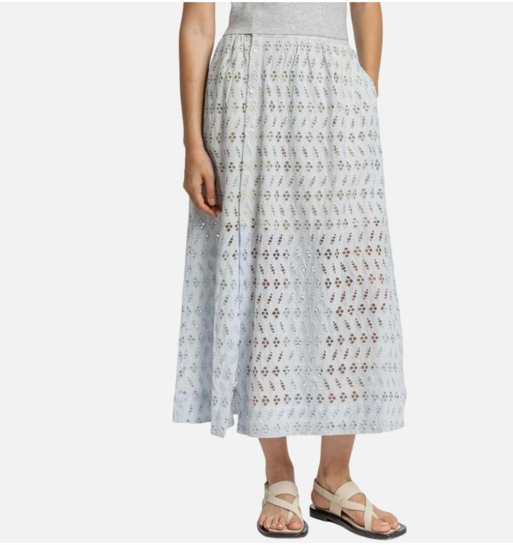 Lilla P Blue Eyelet Lace Side Button Cotton Midi Skirt NEW Small Coastal Cowgirl
